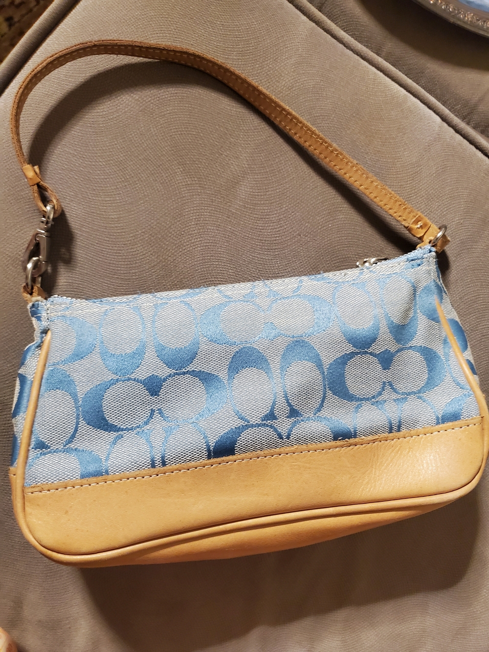 Y2k Coach Blue Signature Canvas and Tan Leather Shoulder Bag